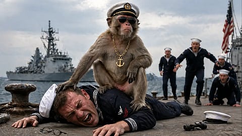 Monkey in captain hat sits on a pinned sailor on dock as navy crew rush forward, warships and US flag behind.