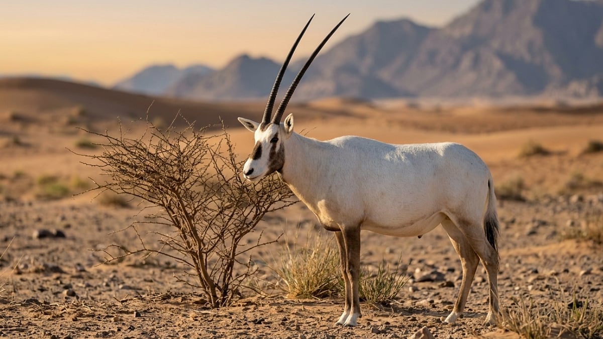 An Oryx standing in a hot desert