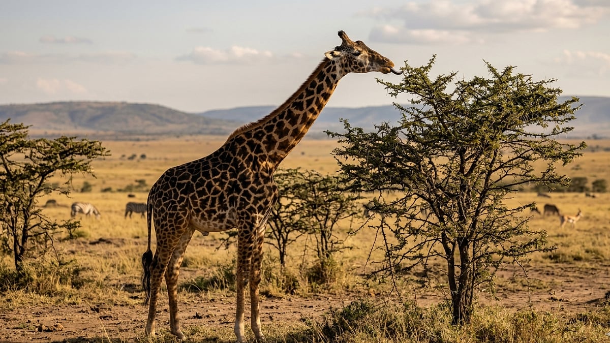 Giraffe eating leaf at desert