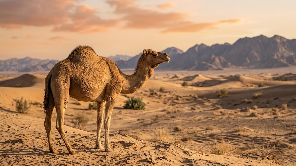 Camel grazing at desert