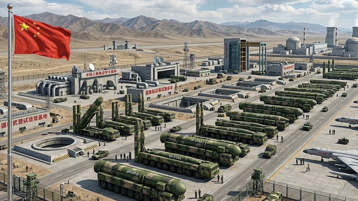 Large military base displays Chinese flag and rows of missiles