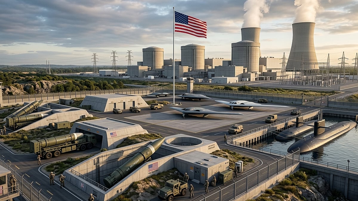 An American flag over a base with submarines and missiles