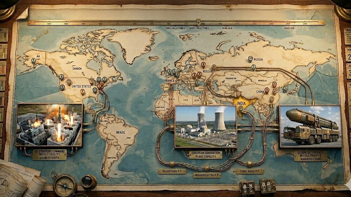 An antique map shows global nuclear power countries