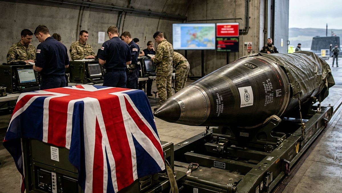 British soldiers examine massive nuclear missile