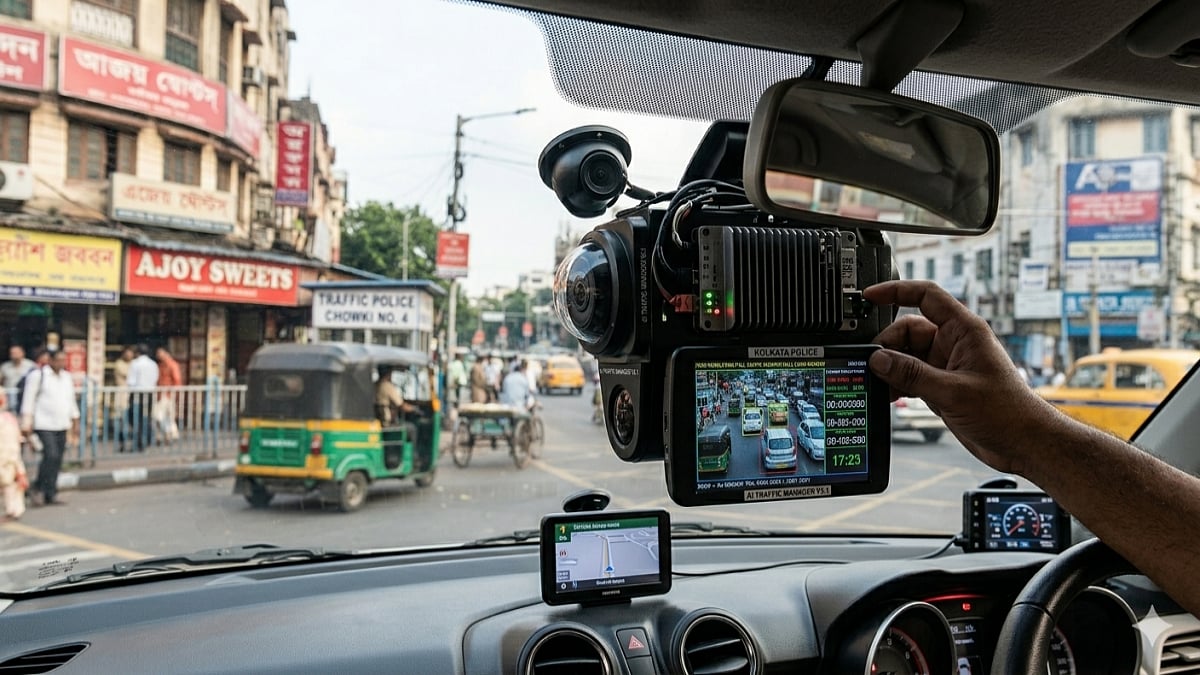 Driver's hand adjusts AI traffic camera monitoring system
