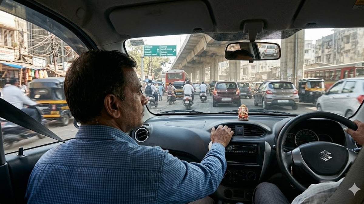Driver in car interior views busy city traffic