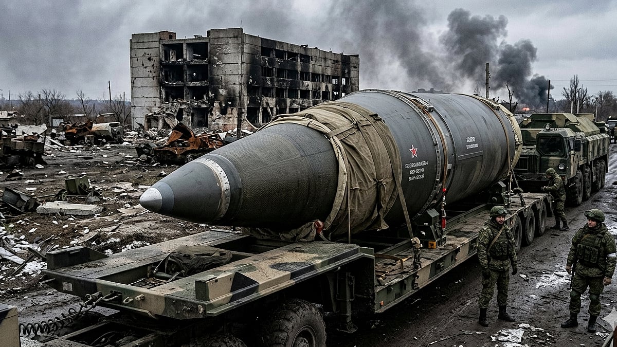 Russian soldiers escort massive missile through a war-torn city
