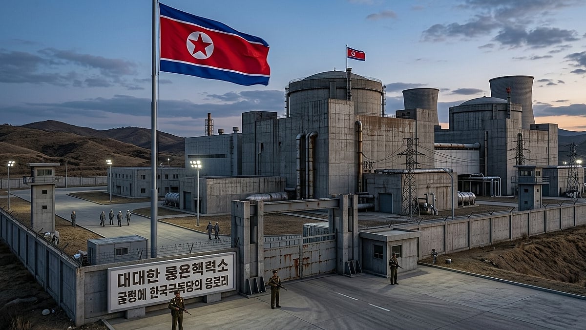 North Korean flag flies over nuclear power plant facility