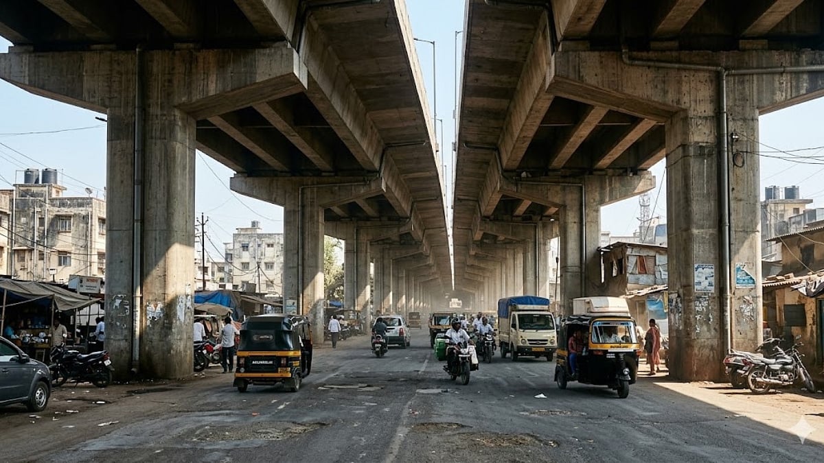 Vehicles navigate congested road under concrete elevated highway