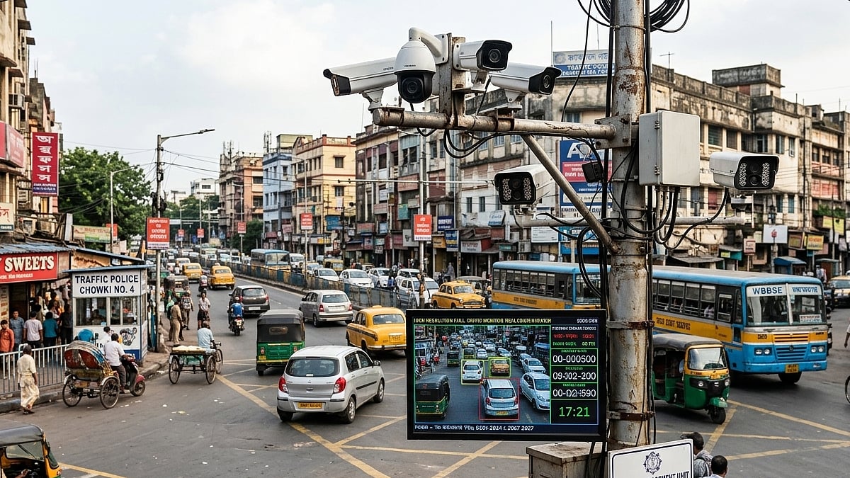 Urban street scene with multiple CCTV cameras and monitor