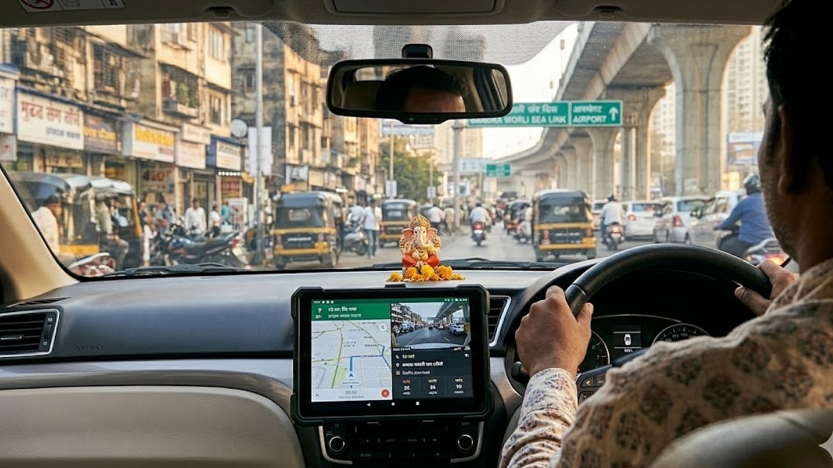 Driver uses navigation system in crowded urban street