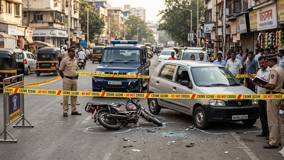 Police yellow tape cordons off a motorcycle crash scene