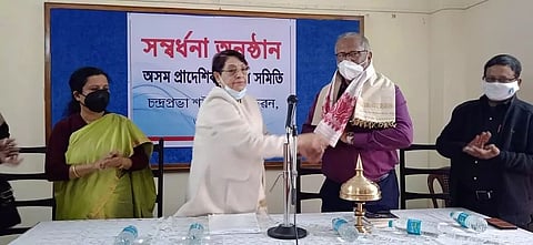 Assam Pradeshik Mahila Samiti felicitated Hiranya Borah for his award-winning book 'Chandraprabha: The Iron lady of Assam'