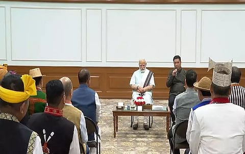 Prime Minister Narendra Modi interacts with community leaders of Arunachal tribes