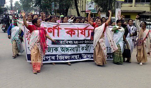 Lakhimpur district Anganwadi workers stage dharna
