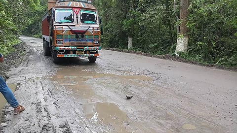 Potholes on National Highway-39 road near the wildlife sanctuary of Garampani irk public