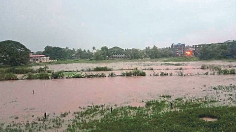 चिपळूण : शहरातील महाराष्ट्र हायस्कूल परिसरात पाणी मोठ्या प्रमाणात साचल्यामुळे लोकांत भीती निर्माण झाली होती.