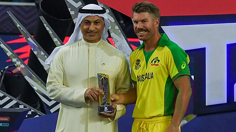 Australias David Warner receives the Player of the Tournament trophy 