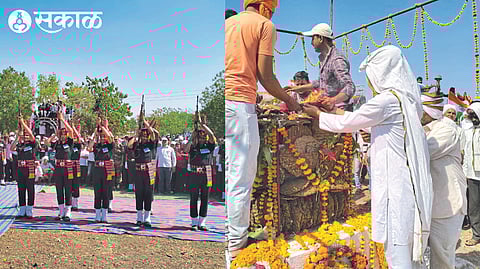 Army personnel saluting in the air and Son Suyash offering fire to martyred soldier Liladhar Patil.
