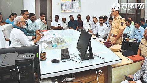 Former Deputy Chief Minister Chhagan Bhujbal during the review meeting at Tehsil Office.