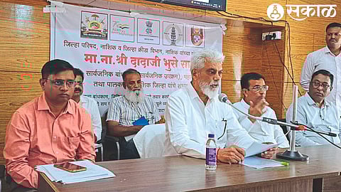 Guardian Minister Dada Bhuse speaking on the occasion of distribution of work start orders approved through Sports Department of Zilla Parishad along with other office bearers, officials.