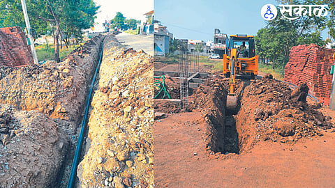 Excavation work in progress for pipe laying in new colony. Pipelines buried in the second photo.