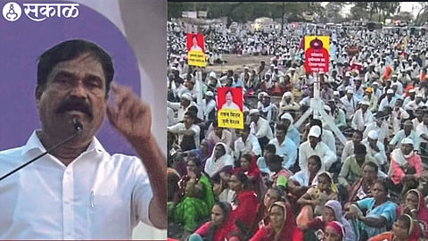 MLA Jiva Pandu Gavit speaking at the Janmat Kaul meeting held on Friday in an open space near the Nashik-Kalwan road of the Agriculture Department. 
