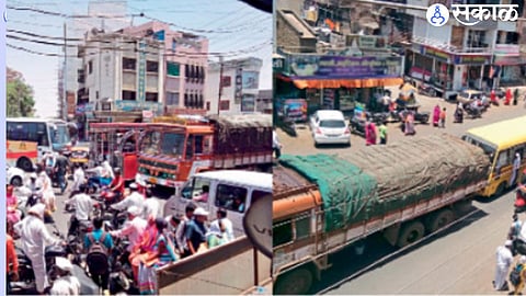 traffic jam on the national highway passing through the city. 