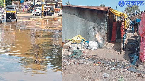 Drainage water accumulated in the Ganjmal signal area as vehicles make their way through it. In the second photo, the sewage accumulated in front of the house in Bhimwadi area