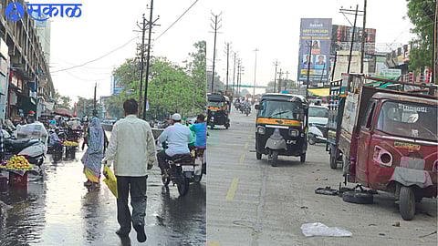 Fruit sellers sitting on the street in front of Phule Market. Artisans repairing cars on the road leading from Neri Naka to Ajantha Chowk.