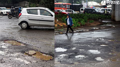 Big potholes on Dwarka Chauphuli, which is full of vehicles.