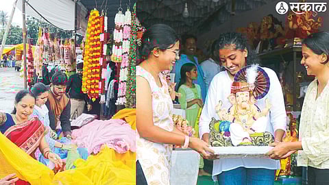 Ganesha devotees buying decorative materials for Ganapati Arashi.