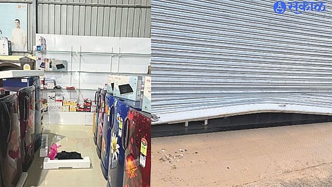 Thieves bent the shutters of Jeevan Furniture Mall. The second photo shows the theft of the LCD from the dashboard.