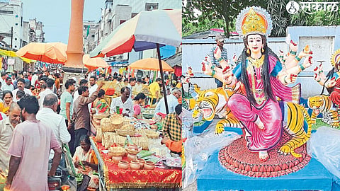 Durga Mata idols available in market due to Navratri festival. The rush in the market on the eve.