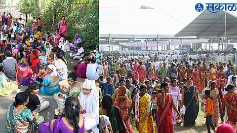 A woman who had come for Prime Minister Narendra Modi's meeting was resting under a tree due to the scorching sun.Women leaving the meeting during speech.