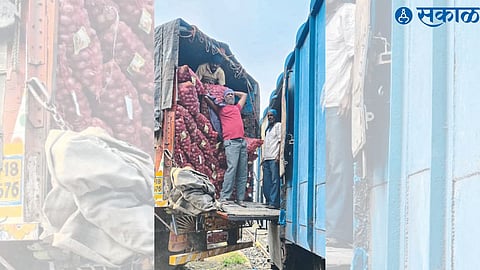 Onion loading in railway tiger at railway station.