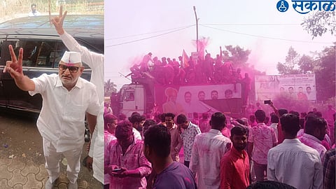 Manikrao Kokate and activists celebrating the victory of Ad Manikrao Shivajirao Kokate in Sinnar Constituency election by raising their hands.
