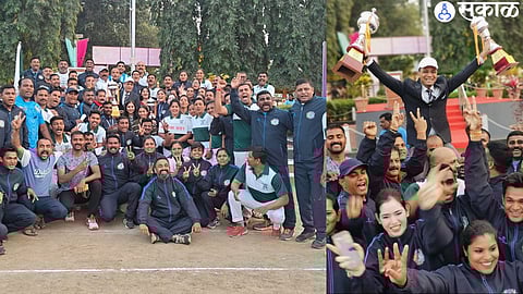 Commissioner of Police Sandeep Karnik, Priya Karnik along with men's and women's team with the general winner trophy of the Nashik Zonal Police Sports Competition held at Ahmednagar.