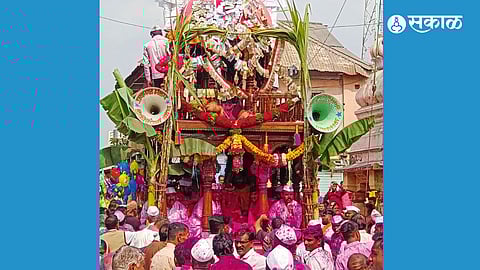 Devotees celebrating the grandeur of Shri Yamai Devi's annual Rath Yatra in Aundh, filled with faith and fervor