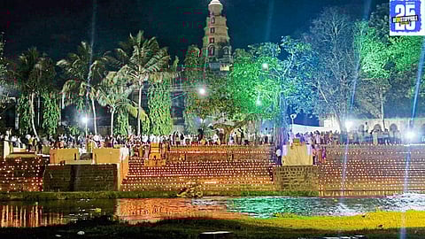 1008 women come together to perform the Mahaaarti at Krishna Mai Temple in Bhujin, illuminating the ghats with divine light during the Durga Ashtami festival."