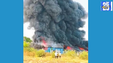 "Firefighters at the scene of the devastating blaze at a scrap warehouse in Palshet, causing significant damage worth Rs 20 lakh."