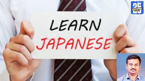 Teacher Ramesh Hallowli conducts a Japanese language class for students in Kuthrat, encouraging them to learn a new language and culture.