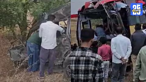 Buldhana Accident : बुलढाण्यात तिहेरी अपघातात ५ जणांचा जागीच मृत्यू,  खाजगी बस आणि एसटी बसमध्ये कारचा चेंदामेंदा 