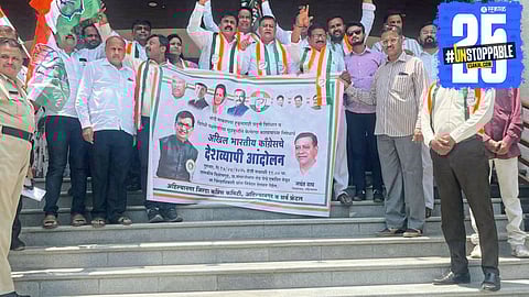 Congress leaders protest ED’s action on Gandhi family, Jayant Wagh addressing media.