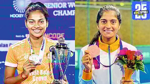 Akshada and Vaishnavi proudly receiving the Shiv Chhatrapati Award for their remarkable achievements in sports.