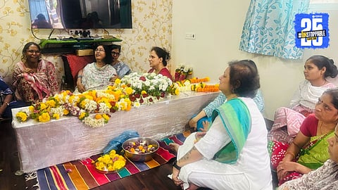 Kaustubh Ganbote’s mortal remains kept at his Kondhwa residence for final farewell, wife Sangeeta seen mourning beside him.