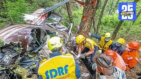 Wreckage of the Gangotri-bound helicopter that crashed in Uttarakhand, killing six passengers, including five women pilgrims.
