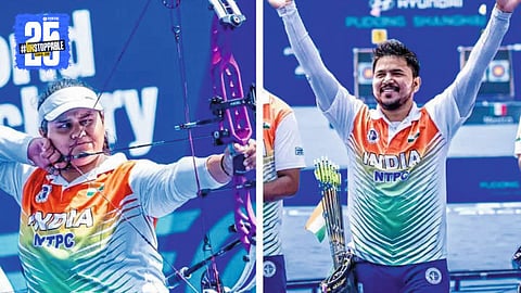 Madhura and Ojas celebrate double gold victory in archery with four medals overall.