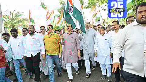 Ministers and citizens march together during BJP's Tiranga rally in Karad, showcasing unity and patriotism.