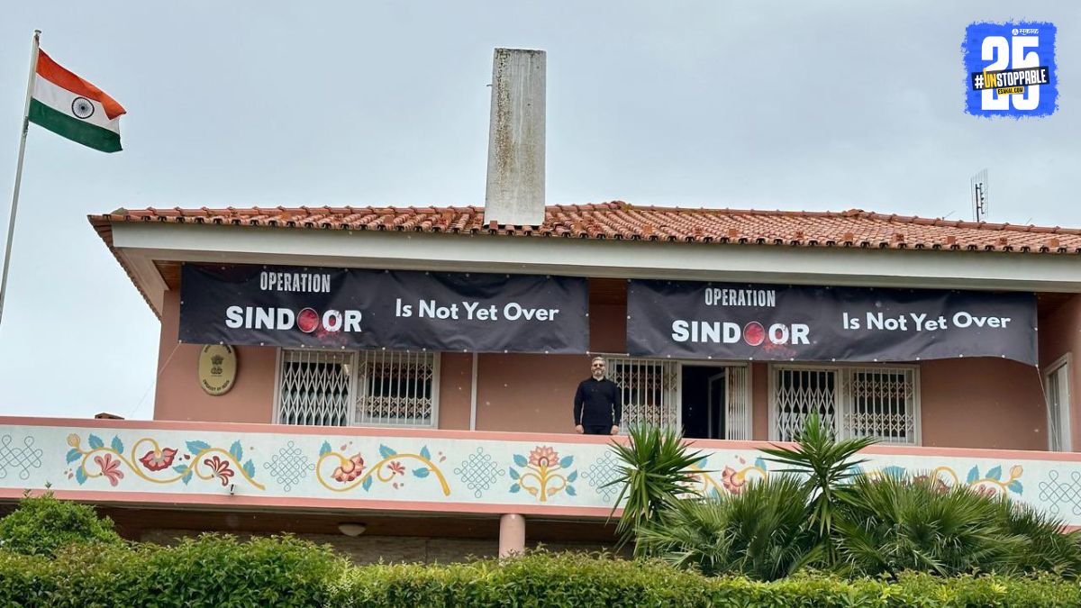 Pakistani nationals protesting outside the Indian Embassy in Portugal, showcasing banners and raising slogans amid escalating diplomatic tensions.